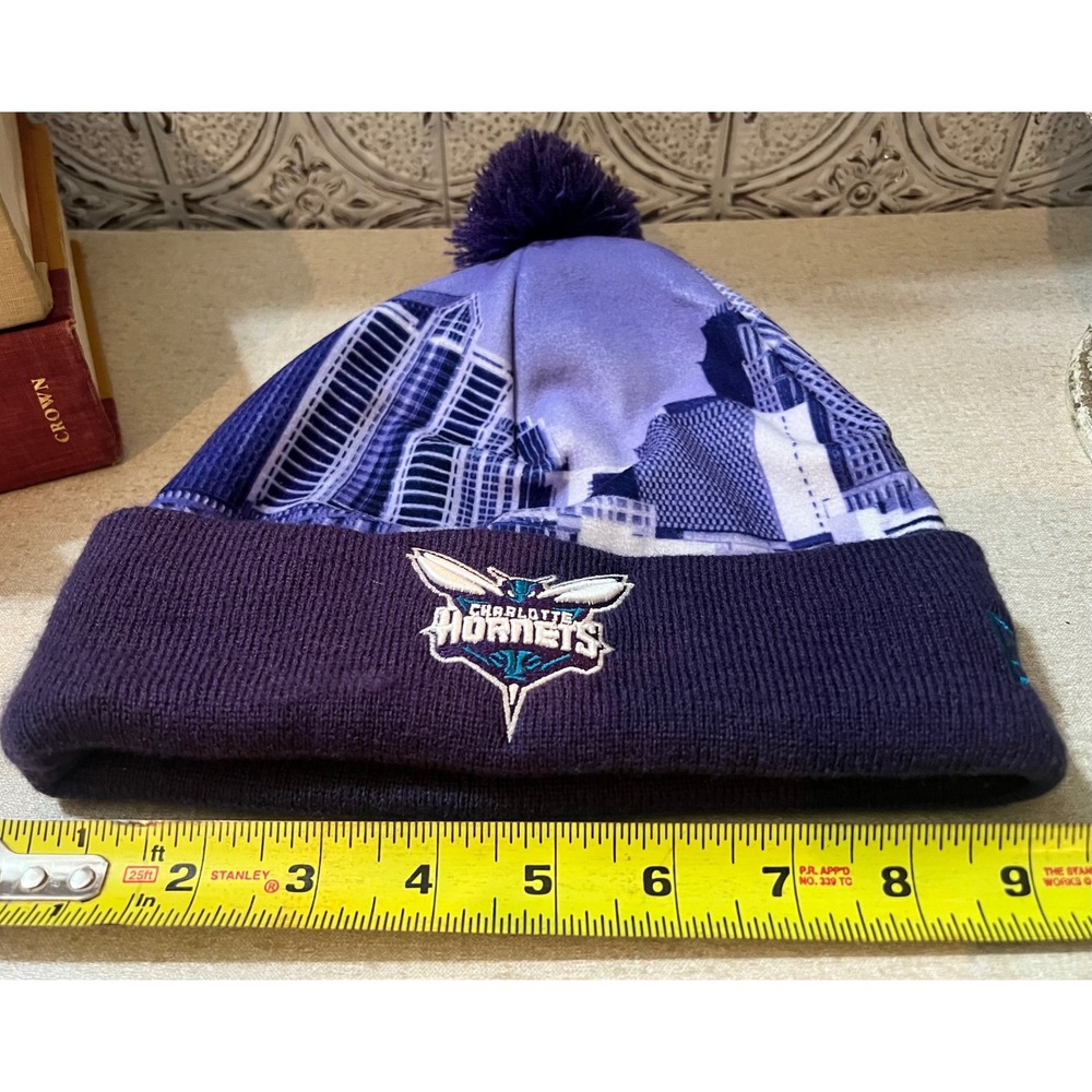 Charlotte Hornets NBA Purple Skyline Pom Pom Beanie Knit Hat Mens